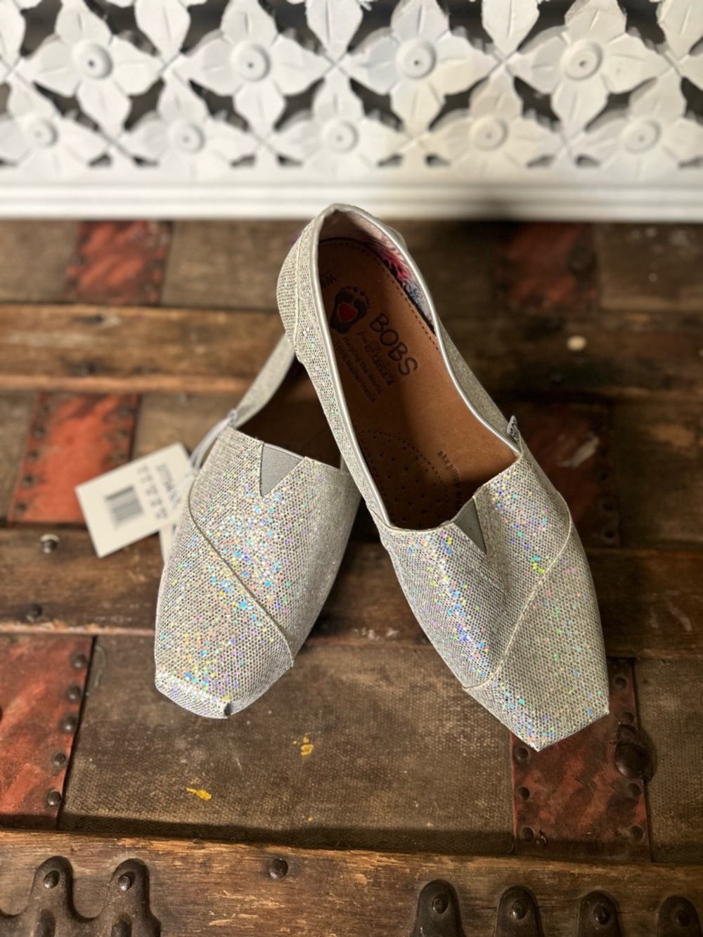 BOBS from Skechers Silver Holographic Slip-On Flats